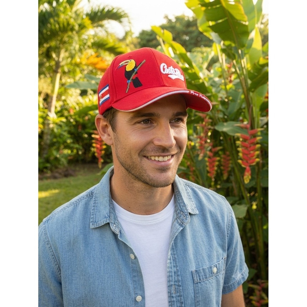 Vintage Costa Rica Souvenir Cap Red Hat Embroidered Toucan Pura Vida Adjustable